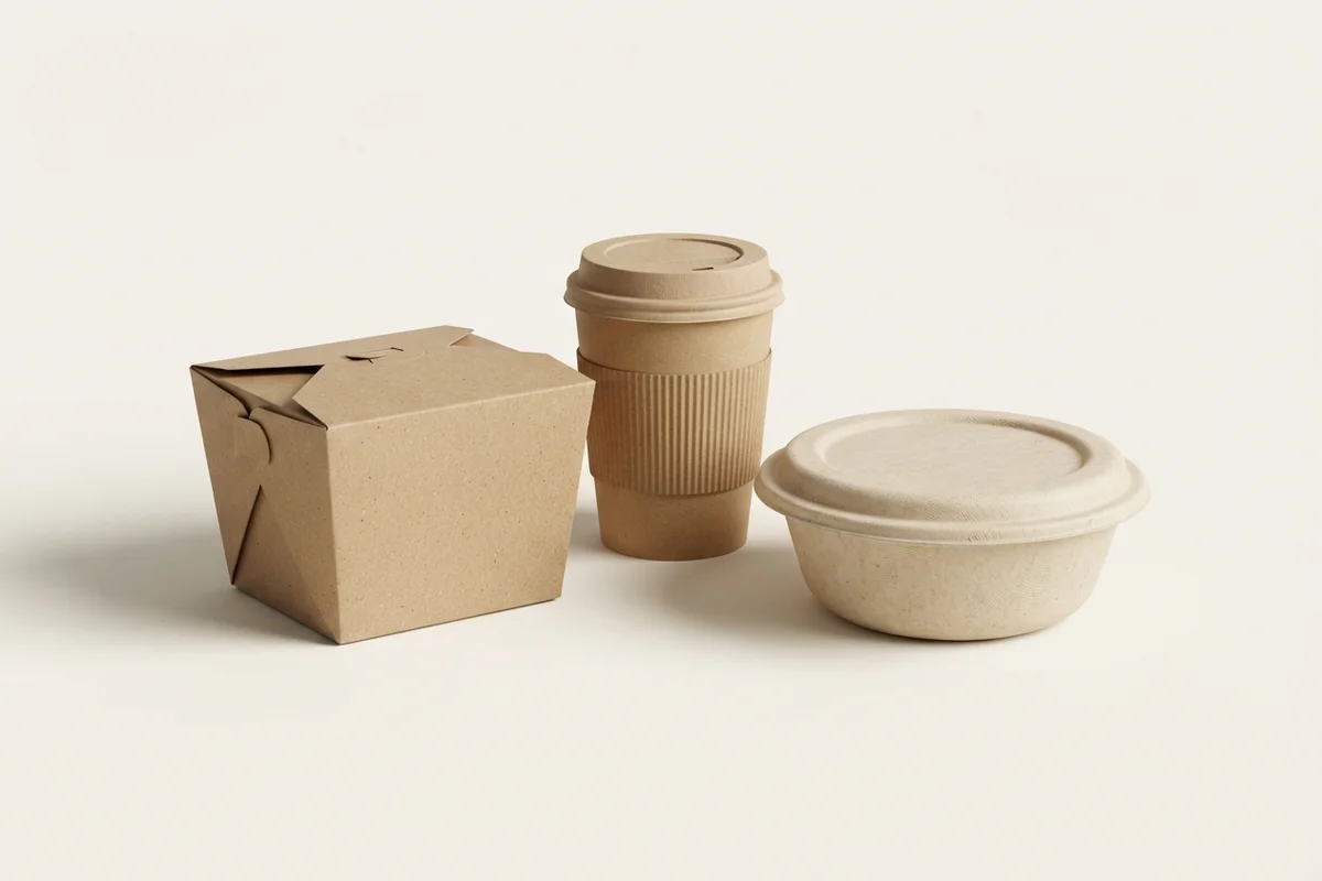 3D render of a kraft fold-top takeout box, a kraft hot cup with a ribbed sleeve, and a molded-fibre bowl